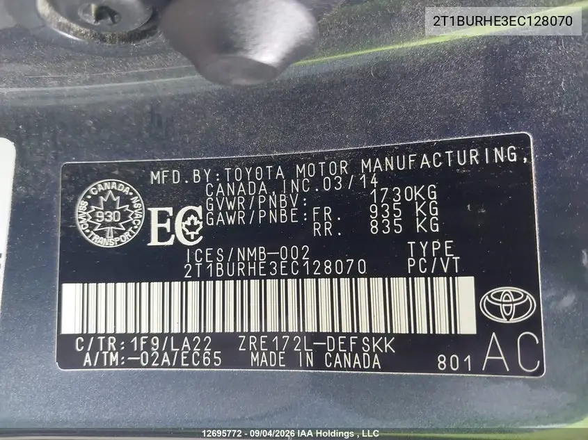 2014 TOYOTA COROLLA VIN 2T1BURHE3EC128070 — фото 9