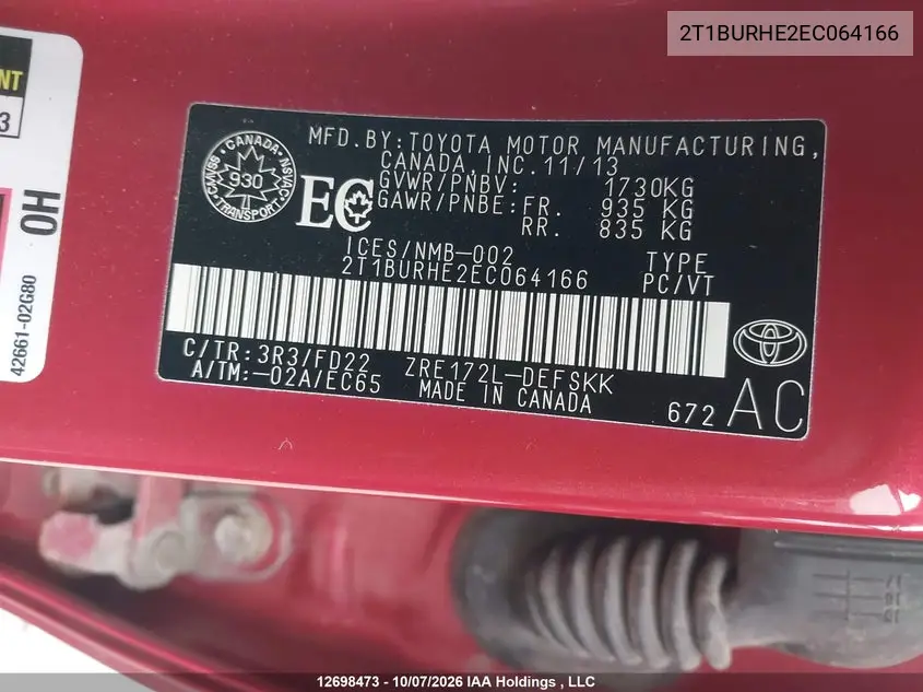 2014 TOYOTA COROLLA VIN 2T1BURHE2EC064166 — фото 18