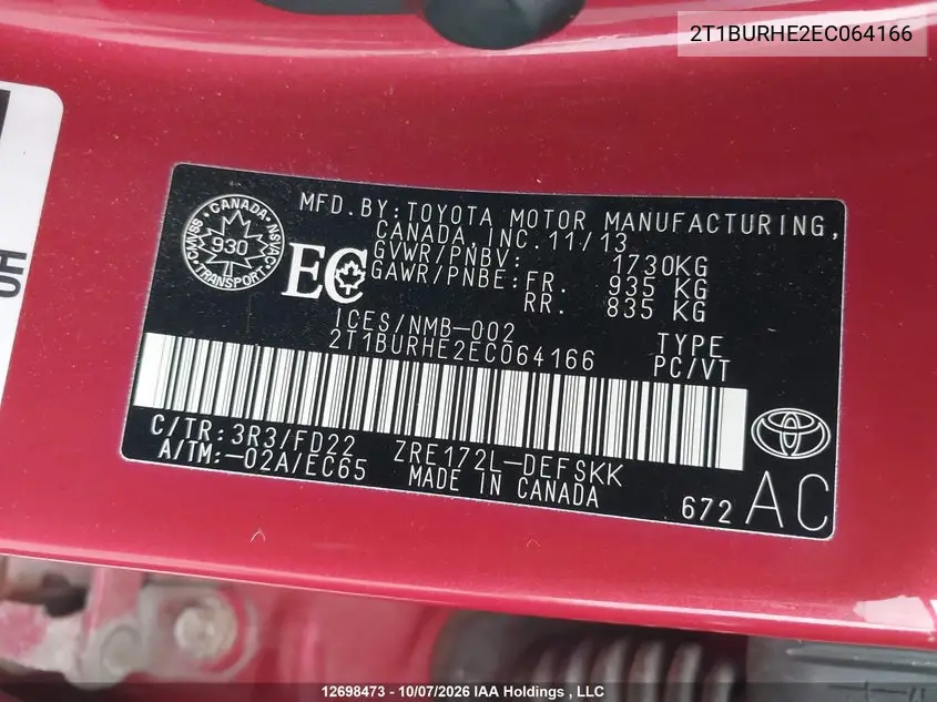 2014 TOYOTA COROLLA VIN 2T1BURHE2EC064166 — фото 9
