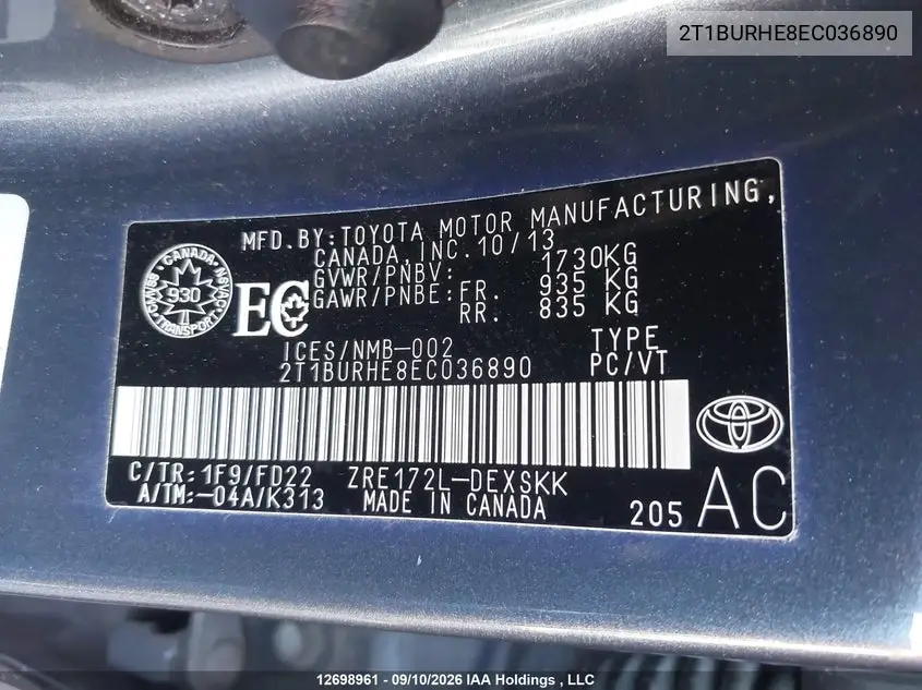 2014 TOYOTA COROLLA VIN 2T1BURHE8EC036890 — фото 21