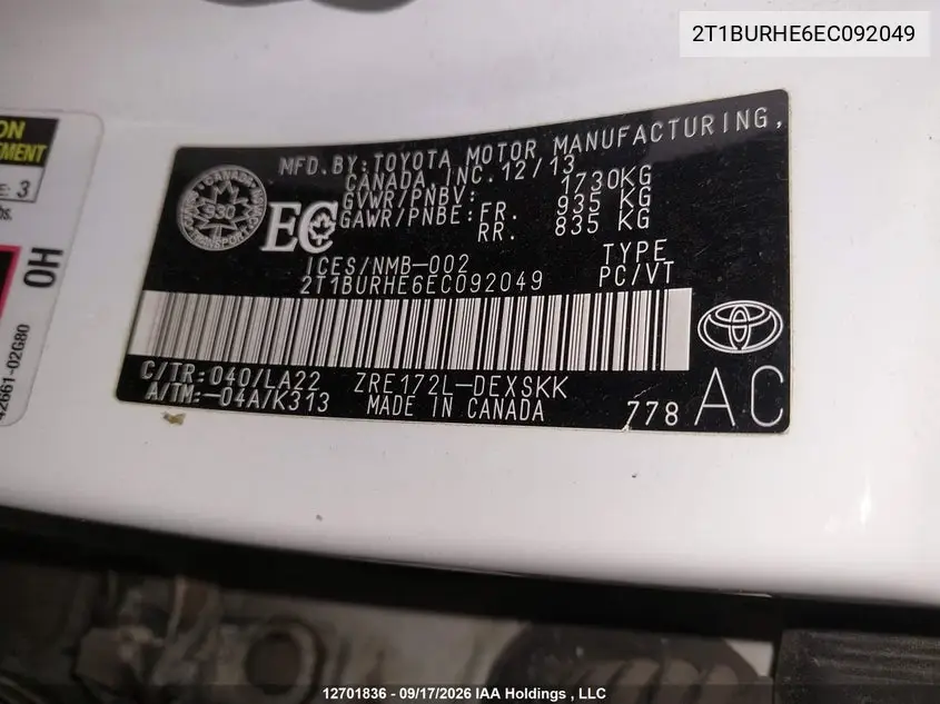 2014 TOYOTA COROLLA VIN 2T1BURHE6EC092049 — фото 18