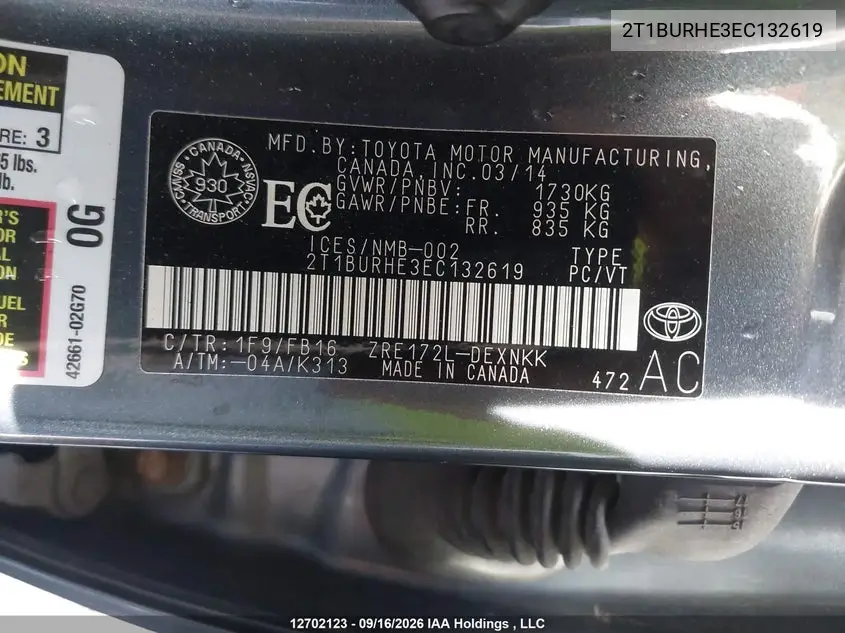 2014 TOYOTA COROLLA VIN 2T1BURHE3EC132619 — фото 19