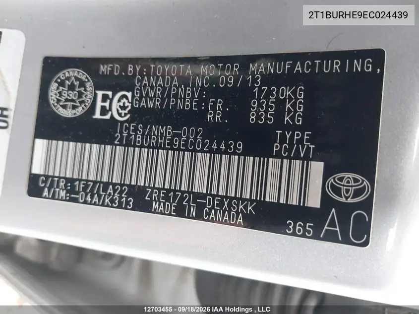 2014 TOYOTA COROLLA VIN 2T1BURHE9EC024439 — фото 9