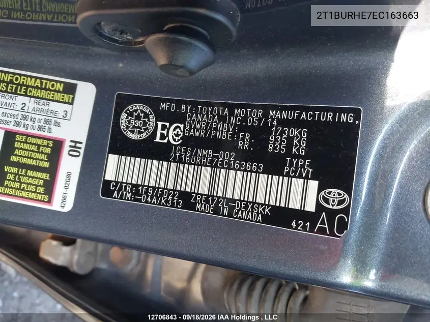 2014 TOYOTA COROLLA VIN 2T1BURHE7EC163663 — фото 9