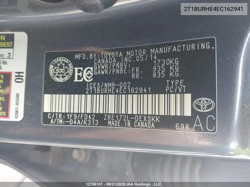 2014 TOYOTA COROLLA VIN 2T1BURHE4EC162941 — фото 19