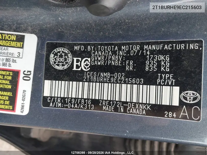 2014 TOYOTA COROLLA VIN 2T1BURHE9EC215603 — фото 20