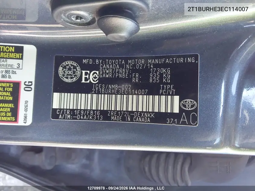 2014 TOYOTA COROLLA VIN 2T1BURHE3EC114007 — фото 9