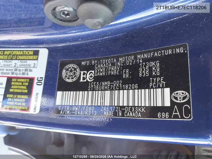 2014 TOYOTA COROLLA VIN 2T1BURHE7EC118206 — фото 19