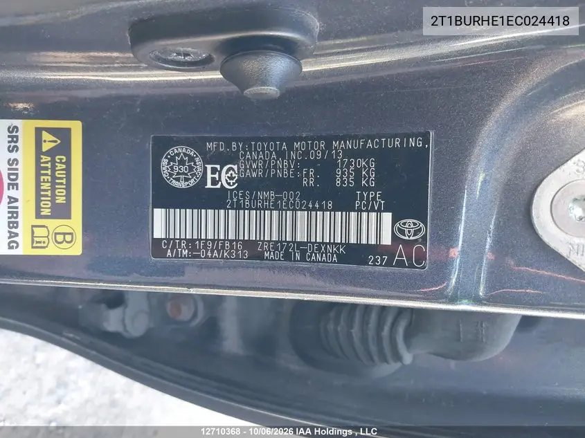 2014 TOYOTA COROLLA VIN 2T1BURHE1EC024418 — фото 9