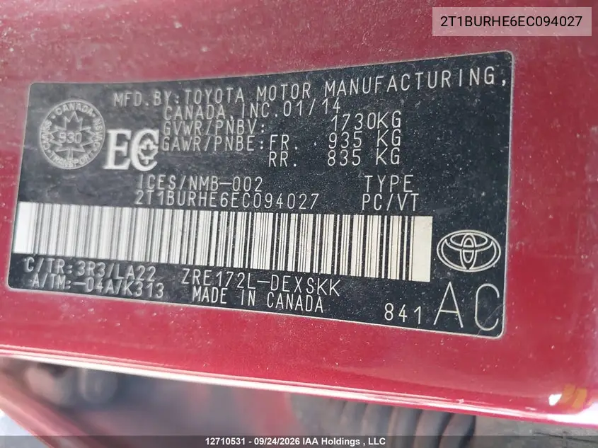 2014 TOYOTA COROLLA VIN 2T1BURHE6EC094027 — фото 18