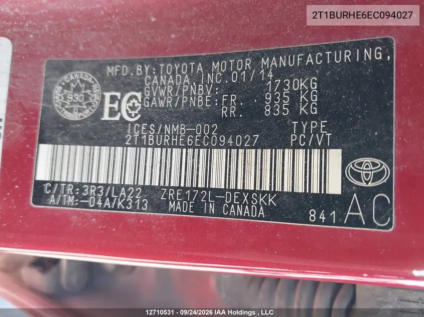 2014 TOYOTA COROLLA VIN 2T1BURHE6EC094027 — фото 9