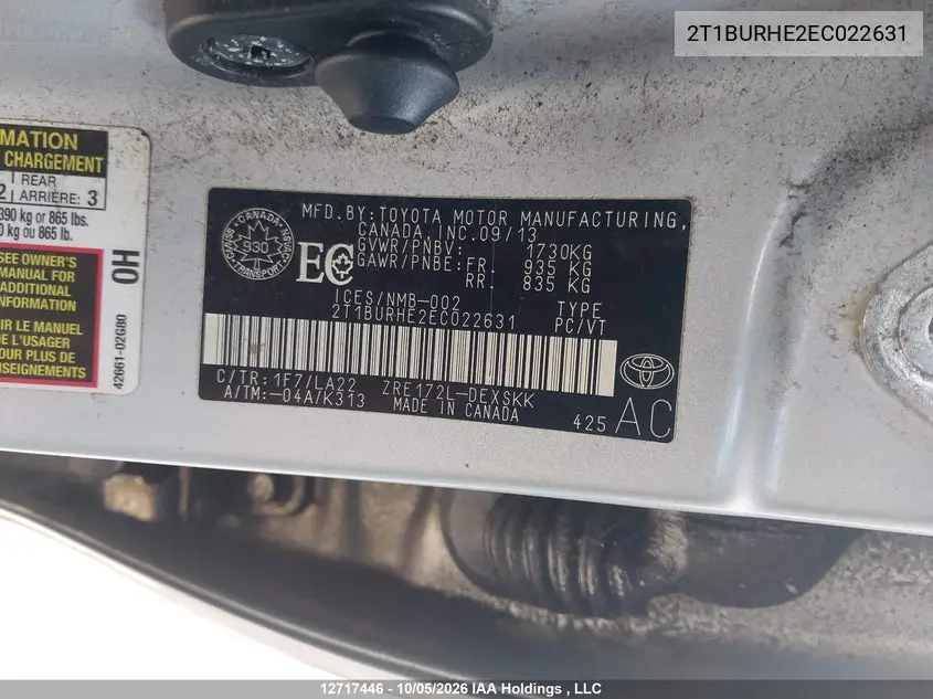 2014 TOYOTA COROLLA VIN 2T1BURHE2EC022631 — фото 9