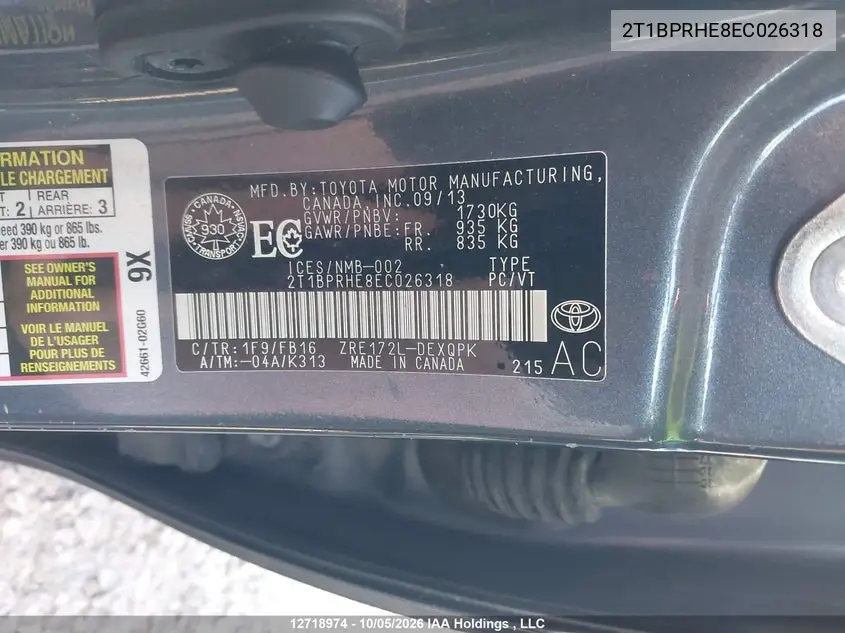 2014 TOYOTA COROLLA VIN 2T1BPRHE8EC026318 — фото 9