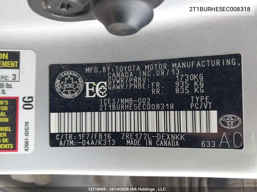 2014 TOYOTA COROLLA VIN 2T1BURHE5EC008318 — фото 18