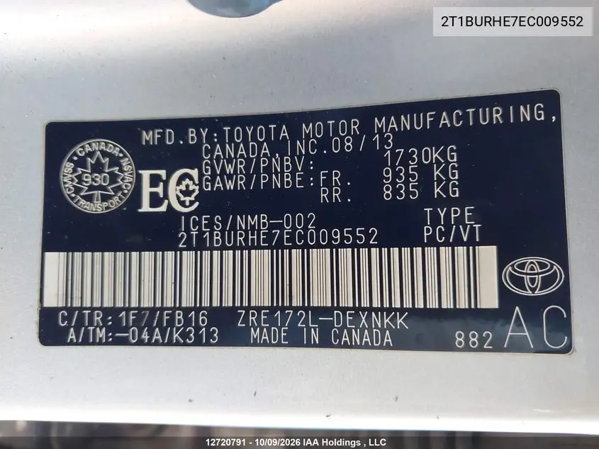2014 TOYOTA COROLLA VIN 2T1BURHE7EC009552 — фото 9