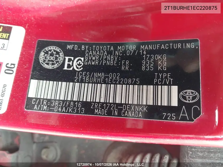 2014 TOYOTA COROLLA VIN 2T1BURHE1EC220875 — фото 19