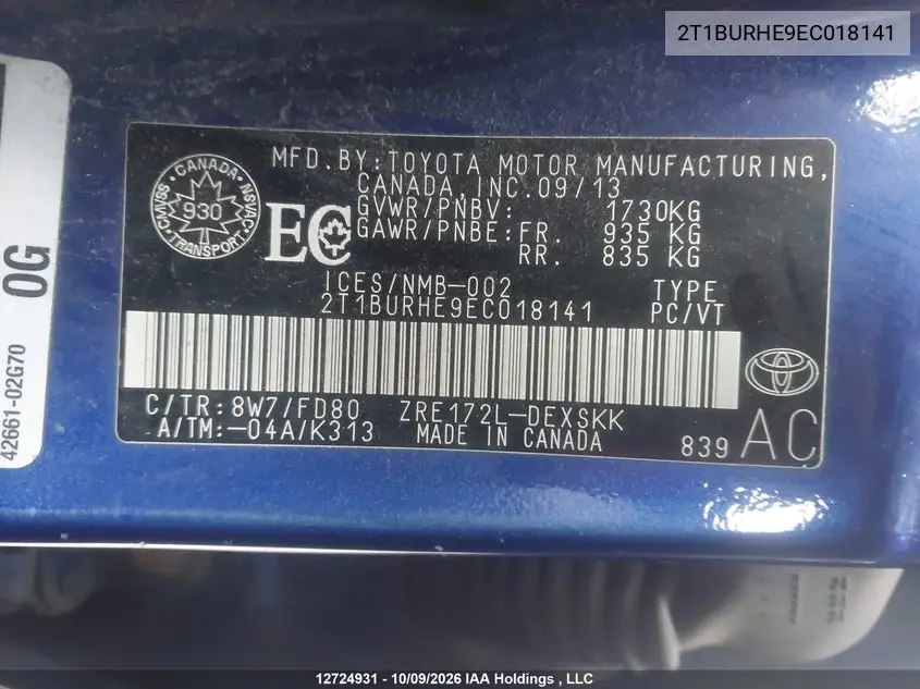 2014 TOYOTA COROLLA VIN 2T1BURHE9EC018141 — фото 9