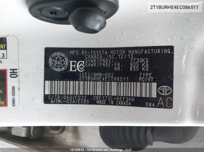 2014 TOYOTA COROLLA VIN 2T1BURHE4EC086511 — фото 18