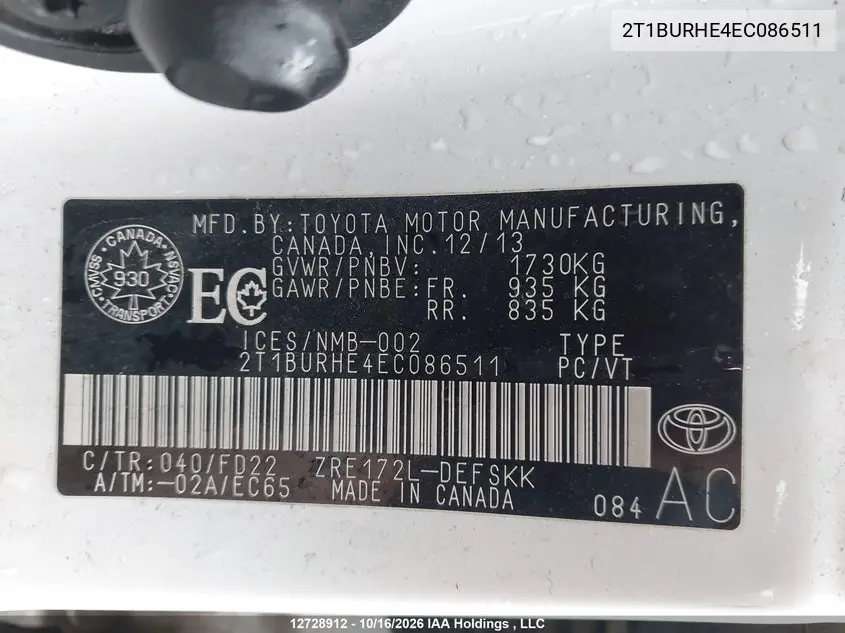 2014 TOYOTA COROLLA VIN 2T1BURHE4EC086511 — фото 9