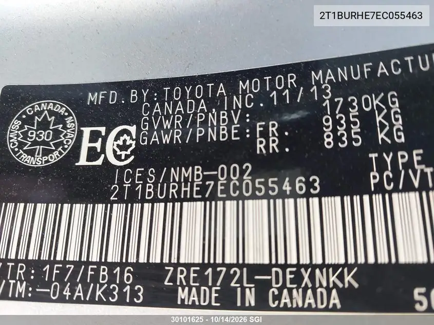 2014 TOYOTA COROLLA VIN 2T1BURHE7EC055463 — фото 9