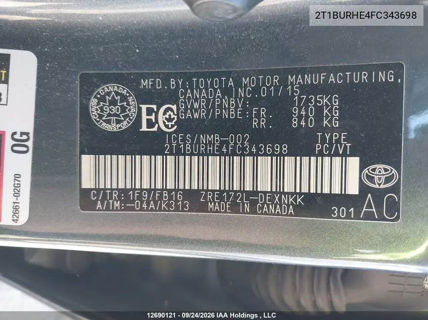 2015 TOYOTA COROLLA VIN 2T1BURHE4FC343698 — фото 9