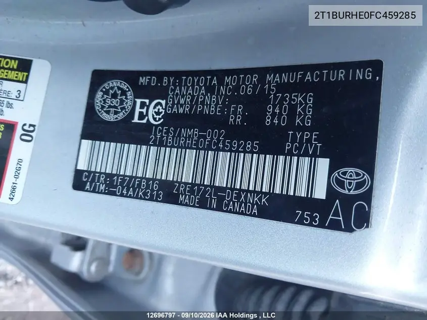 2015 TOYOTA COROLLA VIN 2T1BURHE0FC459285 — фото 17