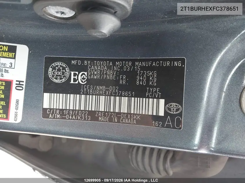 2015 TOYOTA COROLLA VIN 2T1BURHEXFC378651 — фото 18