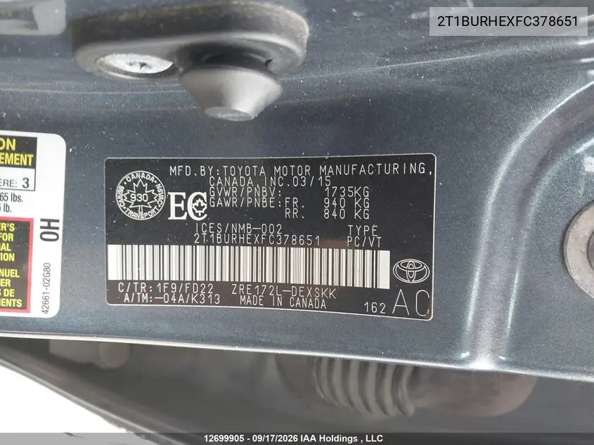 2015 TOYOTA COROLLA VIN 2T1BURHEXFC378651 — фото 9