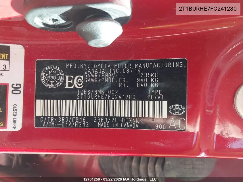 2015 TOYOTA COROLLA VIN 2T1BURHE7FC241280 — фото 9