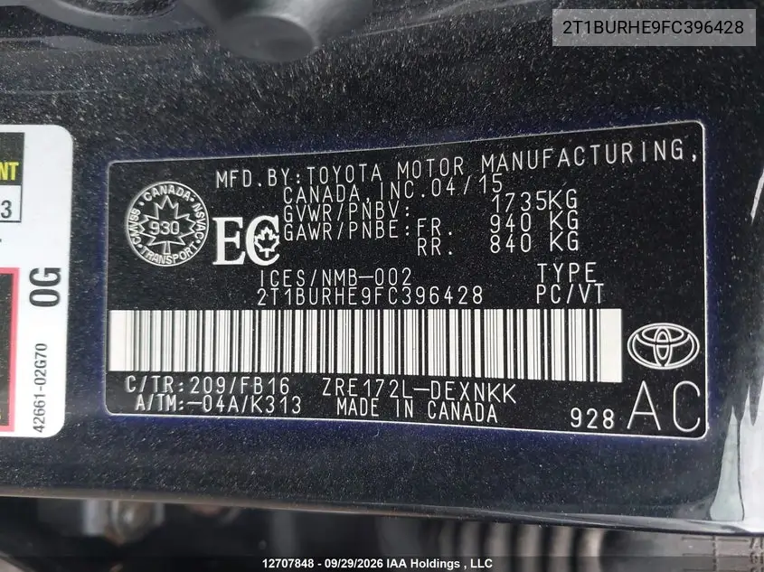 2015 TOYOTA COROLLA VIN 2T1BURHE9FC396428 — фото 9