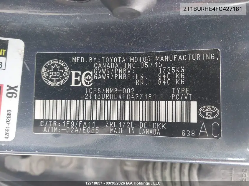 2015 TOYOTA COROLLA VIN 2T1BURHE4FC427181 — фото 19