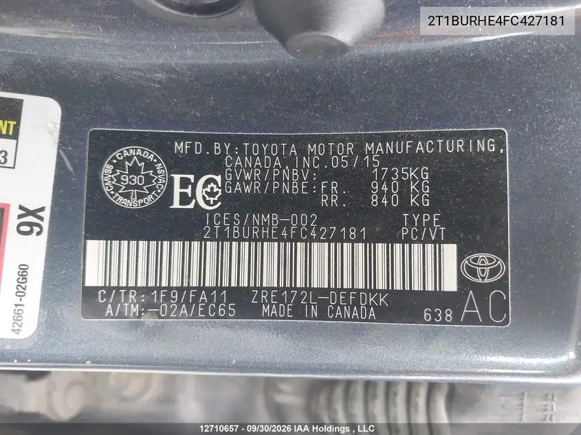 2015 TOYOTA COROLLA VIN 2T1BURHE4FC427181 — фото 9