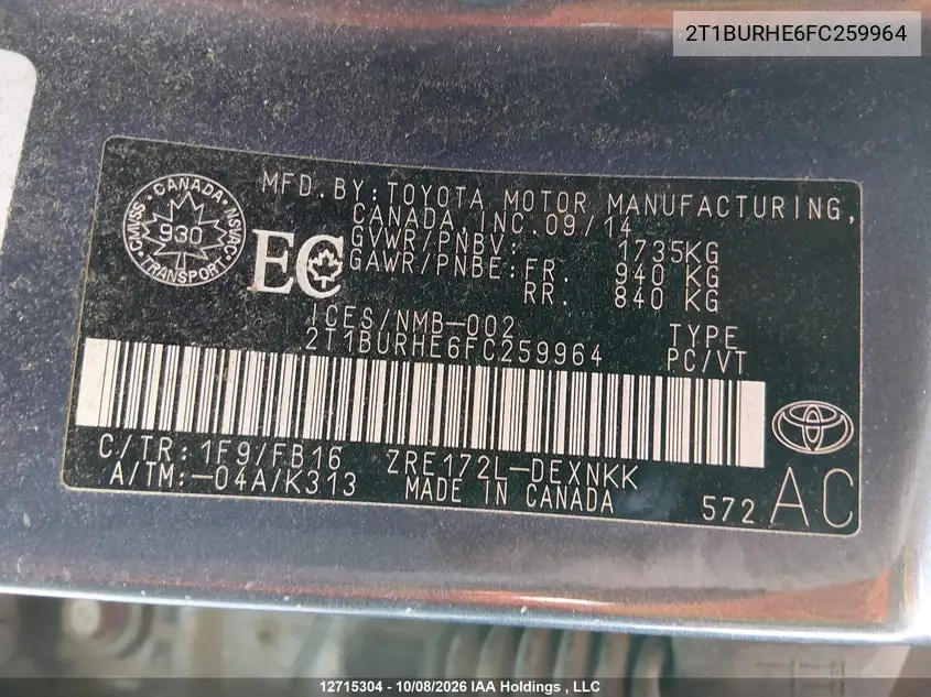 2015 TOYOTA COROLLA VIN 2T1BURHE6FC259964 — фото 9