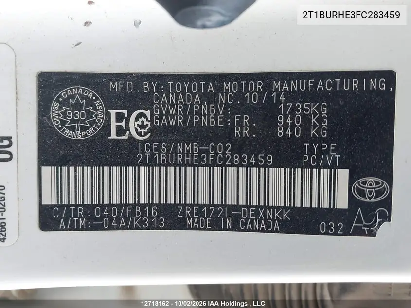 2015 TOYOTA COROLLA VIN 2T1BURHE3FC283459 — фото 9