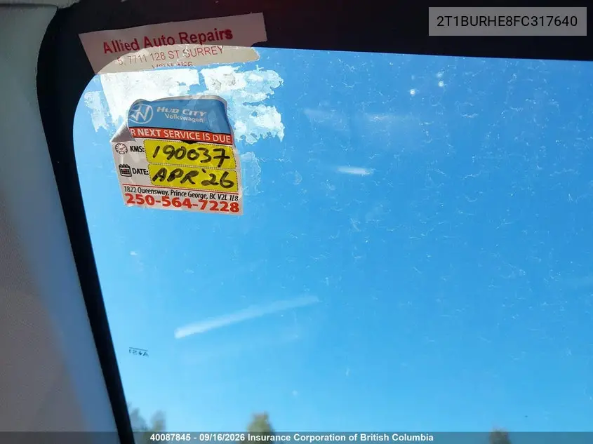 2015 TOYOTA COROLLA VIN 2T1BURHE8FC317640 — фото 16