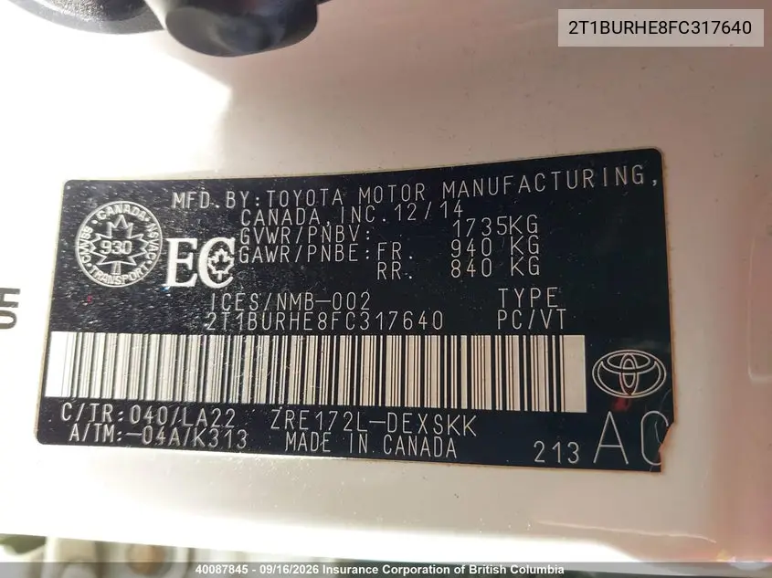 2015 TOYOTA COROLLA VIN 2T1BURHE8FC317640 — фото 19