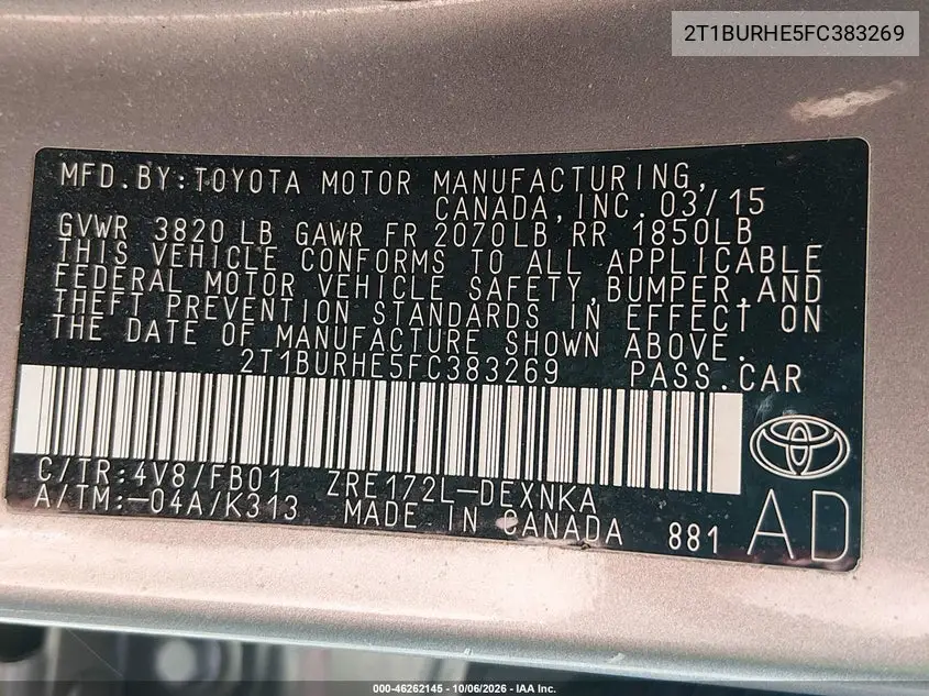 2015 TOYOTA COROLLA VIN 2T1BURHE5FC383269 — фото 9