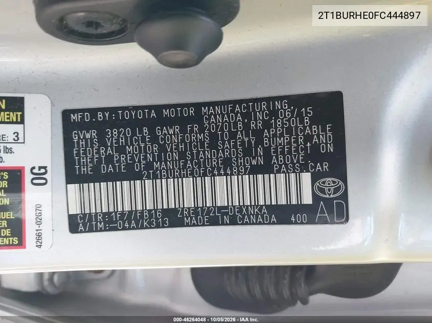 2015 TOYOTA COROLLA VIN 2T1BURHE0FC444897 — фото 9