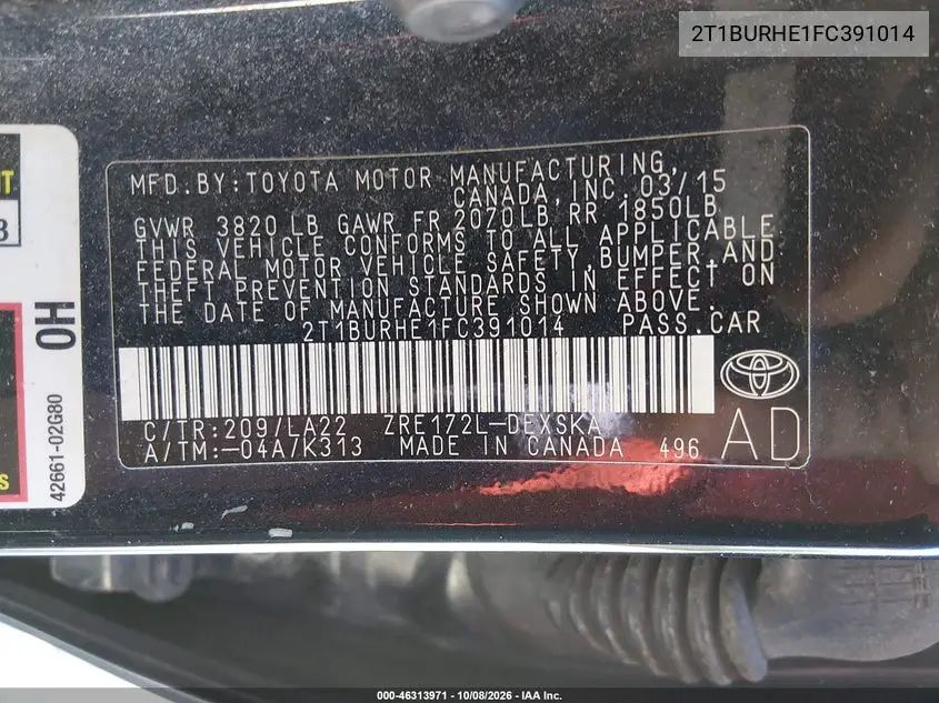 2015 TOYOTA COROLLA VIN 2T1BURHE1FC391014 — фото 9