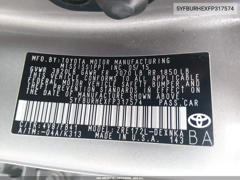 2015 TOYOTA COROLLA VIN 5YFBURHEXFP317574 — фото 9