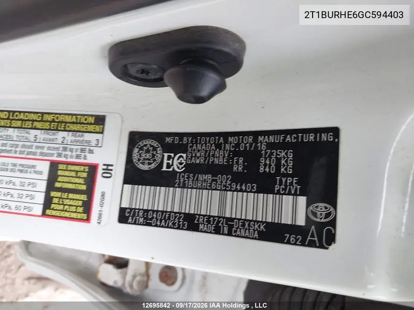 2016 TOYOTA COROLLA VIN 2T1BURHE6GC594403 — фото 9