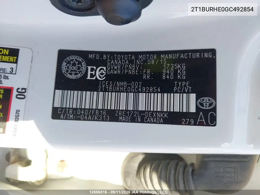 2016 TOYOTA COROLLA VIN 2T1BURHE0GC492854 — фото 9