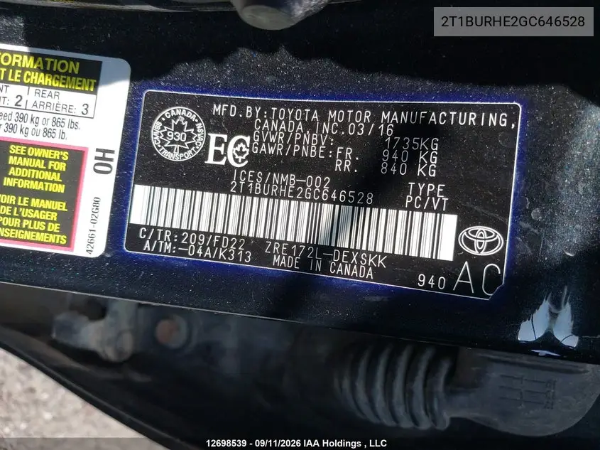 2016 TOYOTA COROLLA VIN 2T1BURHE2GC646528 — фото 18