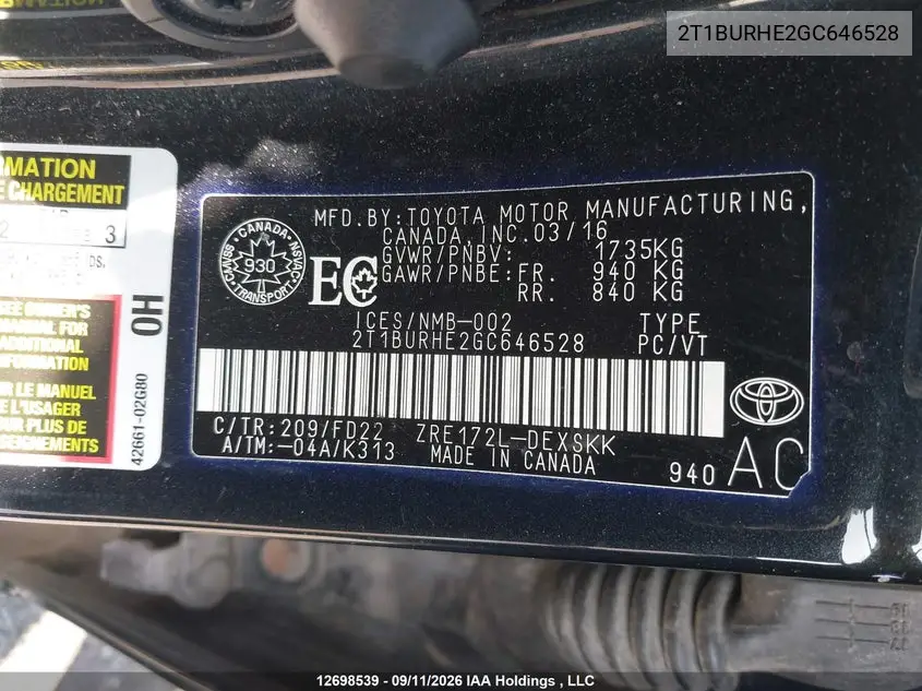 2016 TOYOTA COROLLA VIN 2T1BURHE2GC646528 — фото 9