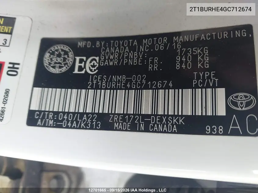 2016 TOYOTA COROLLA VIN 2T1BURHE4GC712674 — фото 9