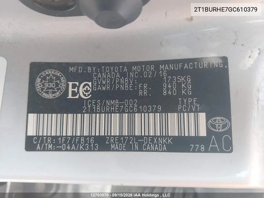 2016 TOYOTA COROLLA VIN 2T1BURHE7GC610379 — фото 19