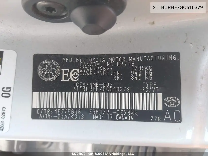 2016 TOYOTA COROLLA VIN 2T1BURHE7GC610379 — фото 9