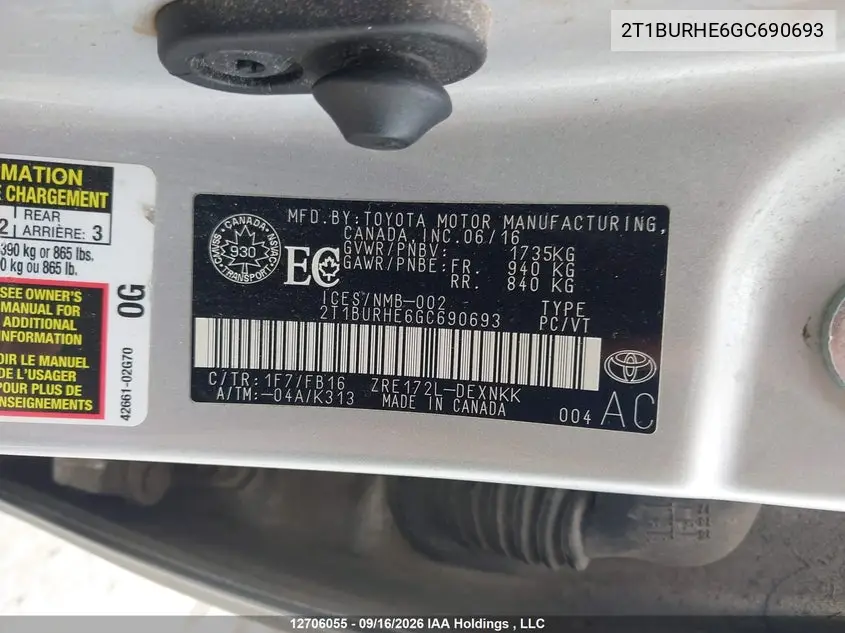 2016 TOYOTA COROLLA VIN 2T1BURHE6GC690693 — фото 9