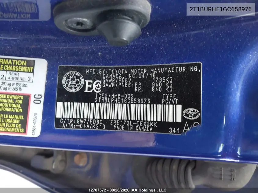 2016 TOYOTA COROLLA VIN 2T1BURHE1GC658976 — фото 19