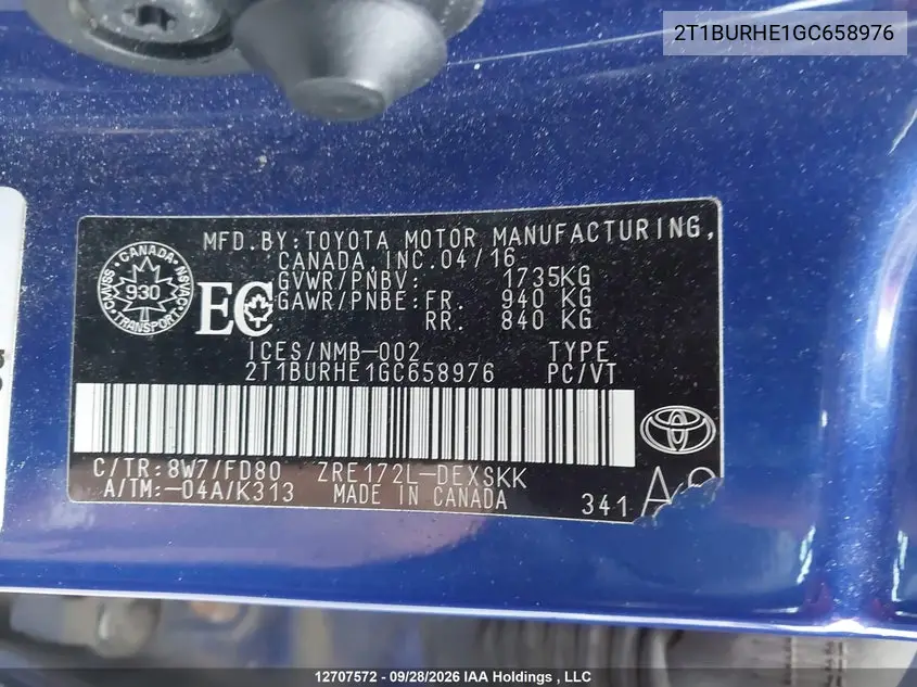 2016 TOYOTA COROLLA VIN 2T1BURHE1GC658976 — фото 9